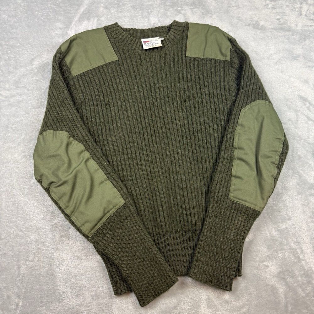 USMC Commando Wool Military Sweater USA Olive Green Elbow Patch Combat Knit 42